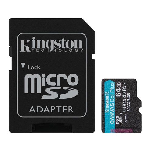 Tarjeta MicroSDXC Kingston Canvas Go Plus 64GB, A2, U3, V30, 170 MB/s, incluye adaptador