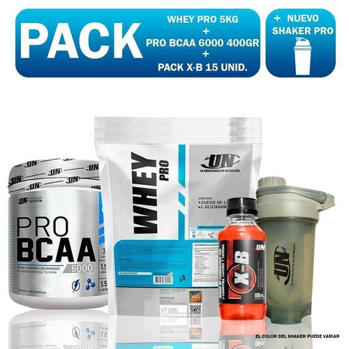 PACK UN WHEY PRO 5KG CHOCOLATE + BCAA 6000 400GR NARANJA + PACK X-B 15 UNID. GUARANA + SHAKER PRO