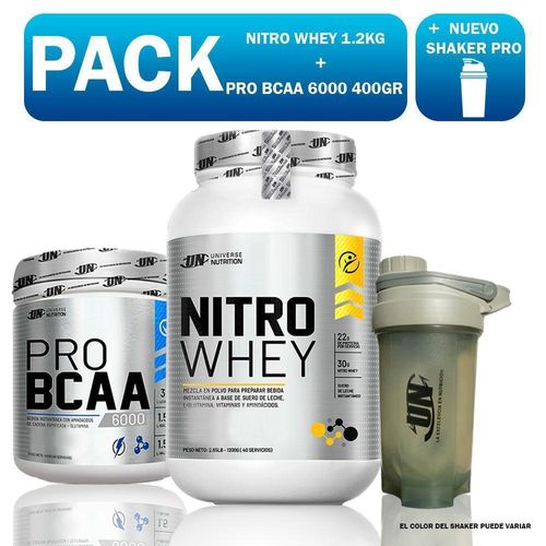 PACK UN NITRO WHEY 1.2KG CHOCOLATE + PRO BCAA 6000 400GR NARANJA + SHAKER PRO