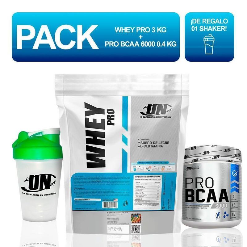 Pack-UN-Whey-Pro-3kg-Chocolate---Bcaa-6000-400grr-Naranja