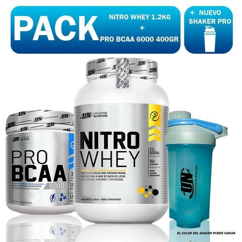 PACK UN NITRO WHEY 1.2KG VAINILLA + PRO BCAA 6000 400GR FRUIT PUNCH + SHAKER PRO