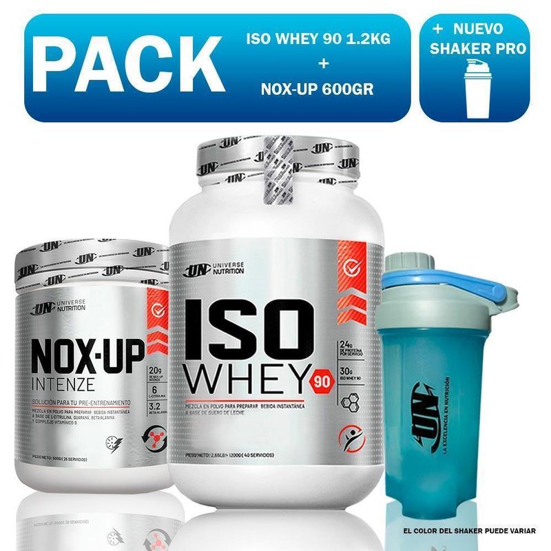 PACK-UN-ISO-WHEY-90-12KG-VAINILLA---NOX-UP-600GR-FRUIT-PUNCH---SHAKER-PRO