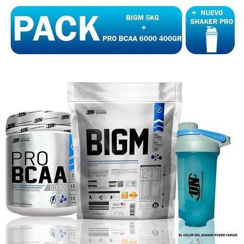 PACK UN BIGM 5KG CHOCOLATE + BCAA 6000 400GR NARANJA + SHAKER PRO