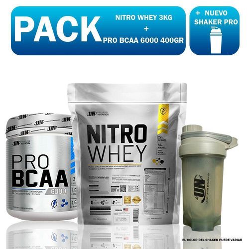 PACK UN NITRO WHEY 3KG CHOCOLATE + PRO BCAA 6000 400GR NARANJA + SHAKER PRO