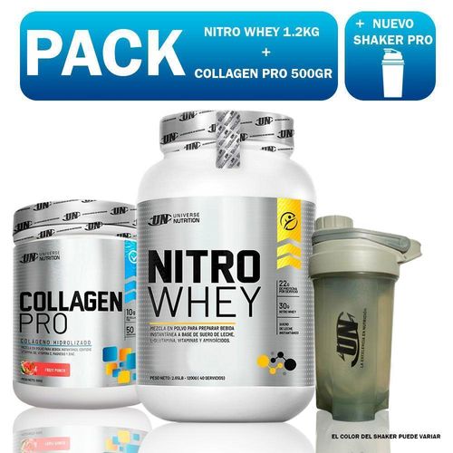 PACK UN NITRO WHEY 1.2KG CHOCOLATE + COLLAGEN PRO FRUIT PUNCH 500GR + SHAKER PRO