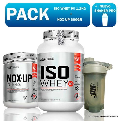 PACK UN ISO WHEY 90 1.2KG CHOCOLATE + NOX-UP 600GR NARANJA + SHAKER PRO