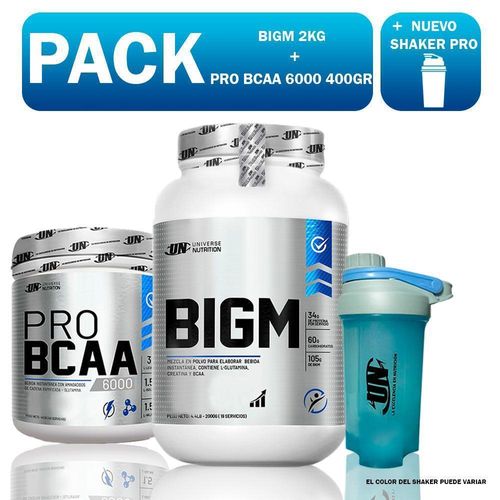 PACK UN BIGM 2KG VAINILLA + BCAA 6000 400GR FRUIT PUNCH + SHAKER PRO