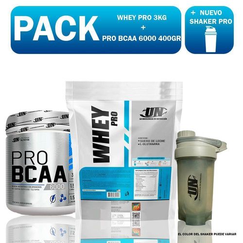 PACK UN WHEY PRO 3KG VAINILLA + BCAA 6000 400GR NARANJA + SHAKER PRO