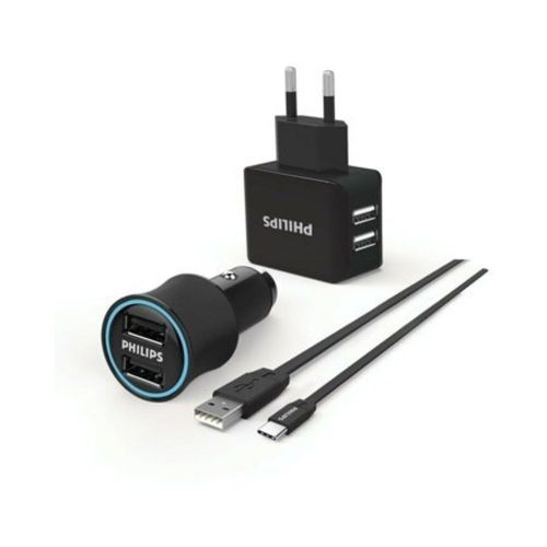 Pack Philips cargador auto y pared con cable USB a USB-C DLP2553EC