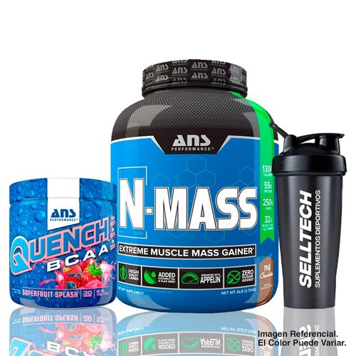 Pack Ans N Mass 6 lb Chocolate + Quench Bcaa 30sv Superfruit + Shaker