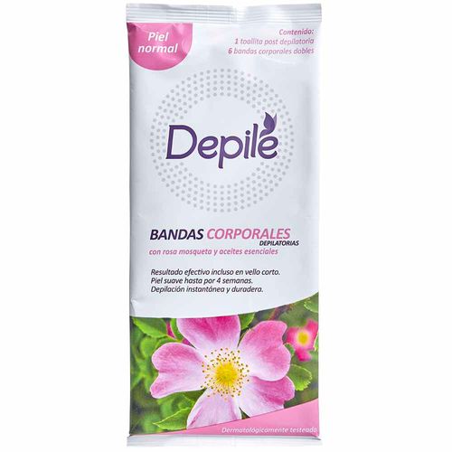 Bandas Depilatorias Corporales DEPILÉ Rosa Mosqueta y Aceites Esenciales Piel Normal Paquete 6un