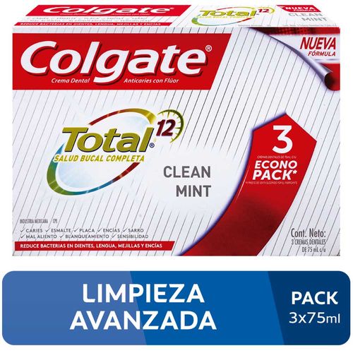 Pasta Dental COLGATE Total 12 Clean Mint Tubo 75ml Paquete 3un