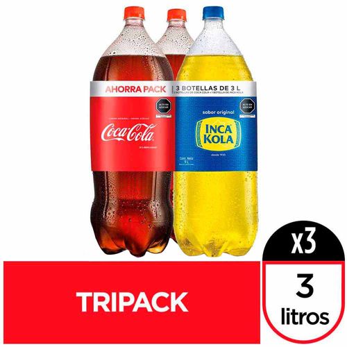 Gaseosa COCA COLA + INCA KOLA Botella 3L Paquete 3un