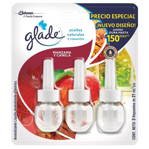 Ambientador Eléctrico GLADE Manzana y Canela Empaque 63ml Paquete 3un