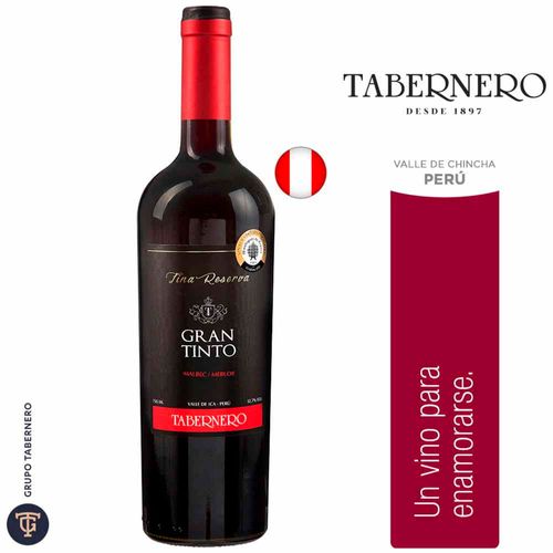 Vino TABERNERO Gran Tinto Malbec Merlot Reserva Botella 750ml