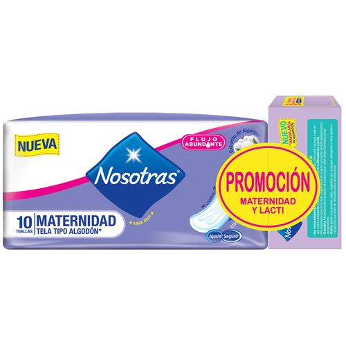 Toalla Higiénica NOSOTRAS Maternidad Paquete 10un + Protector de Lactancia NOSOTRAS Respirable Caja 12un