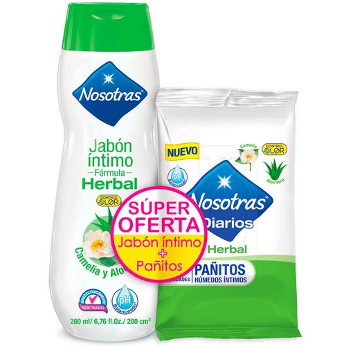 Jabón Íntimo Herbal NOSOTRAS Frasco 200ml + Pañitos