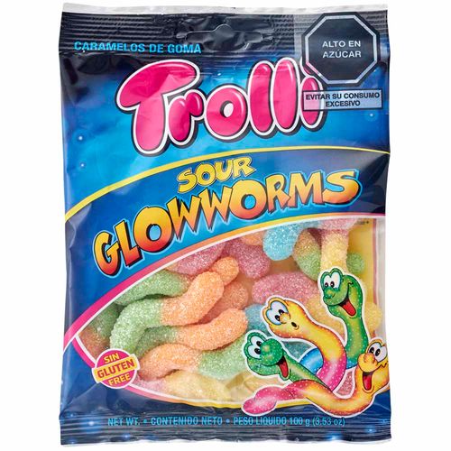 Gomas Dulces TROLLI SOUR GLOWWORMS sabores Surtidos Bolsa 100g