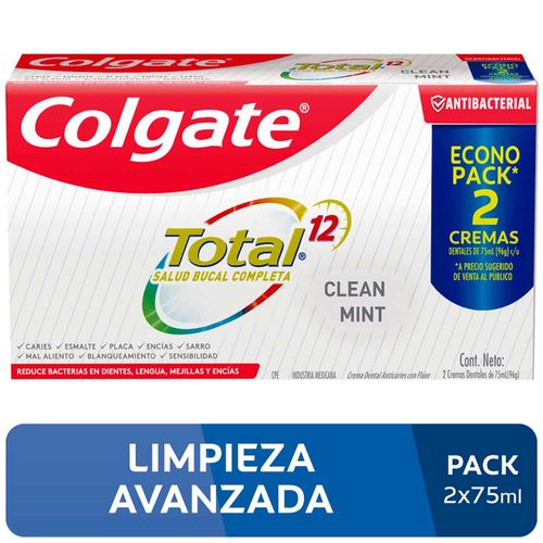 Pasta Dental COLGATE Total 12 Clean Mint Tubo 75ml Paquete 2un