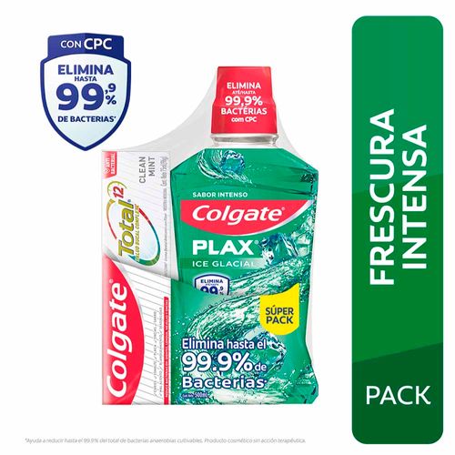 Enjuague Bucal COLGATE Plax Ice Frasco 500ml + Pasta Dental 12 Total Clean Mint Tubo 75ml