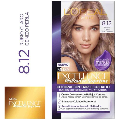 Tinte para Cabello EXCELLENCE Mujer 8.12 Rubio Claro Cenizo Perla Caja 1un