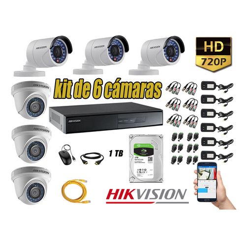 Kit 6 Cámaras de Seguridad Hikvision Hd 720P mas Disco 1Tb Hdmi P2P