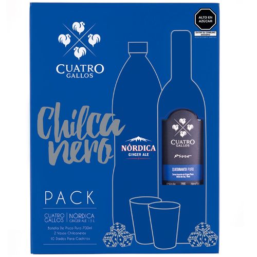 Pack Pisco Quebranta CUATRO GALLOS Botella 700ml  + Gaseosa Nórdica Botella 1.5L + Vaso + Dados