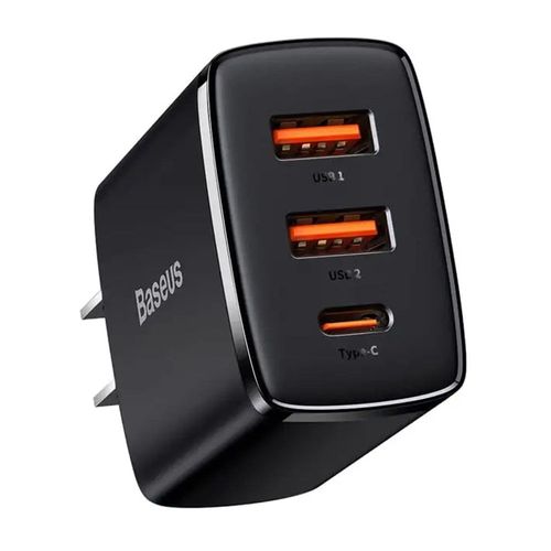 Adaptador Baseus 3 en 1, 2 puerto usb, 1 puerto tipo C, 30W, para iOS y android, negro