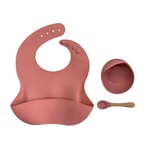 Set de babero con bolsillo + bowl de silicona - Palo rosa