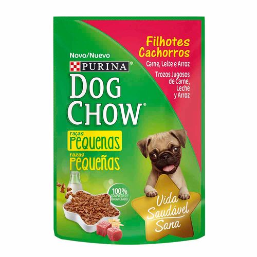 Comida para Perros DOG CHOW Cachorros Razas Pequeñas Sabor Carne, Leche y Arroz Pouch 100g