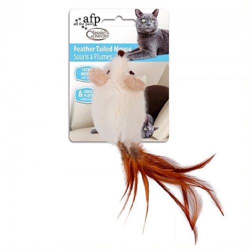 Juguete para gatos Ratón casero con plumas - Blanco