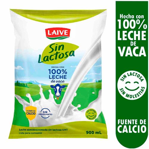 Leche UHT LAIVE Entera Sin Lactosa Bolsa 900ml