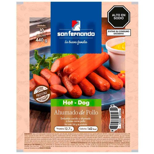 Hot Dog Ahumado de Pollo SAN FERNANDO Paquete 440g