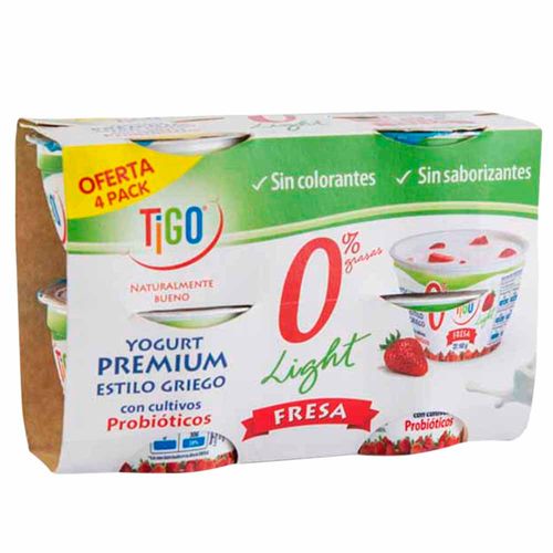 Yogurt TIGO Premium Estilo Griego Light Fresa Paquete 4un Vaso 160g