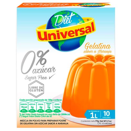 Gelatina UNIVERSAL Sabor a Naranja sin Azúcar Caja 19g