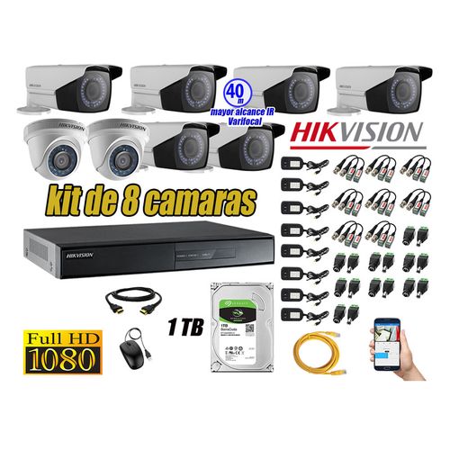 Kit 8 Cámaras de Seguridad Hikvision Full Hd 1080P mas Disco 1Tb Mayor Alcance Varifocal