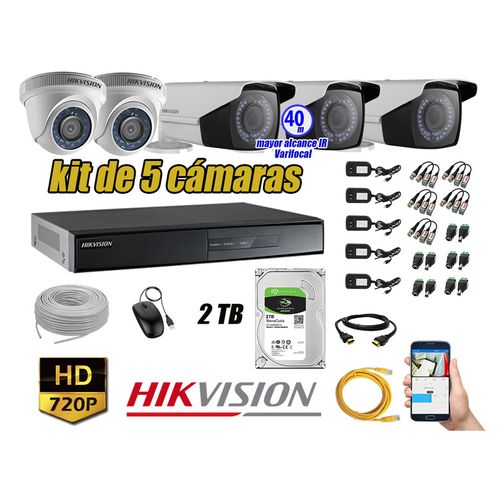 Kit 5 Cámaras de Seguridad Hikvision Hd 720P mas Disco 2Tb Mayor Alcance Varifocal Ip66