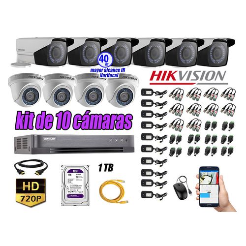 Kit 10 Cámaras de Seguridad Hikvision Hd 720P Disco 1Tb Mayor Alcance Varifocal P2p