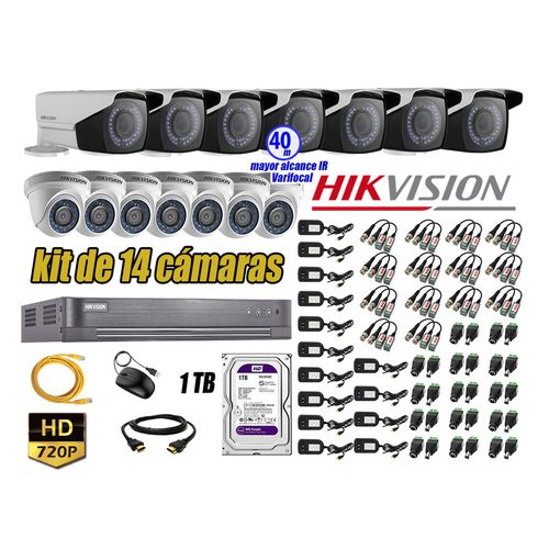 Kit 14 Cámaras de Seguridad Hikvision Hd 720P mas Disco 1Tb P2p Mayor Alcance Varifocal Ip66