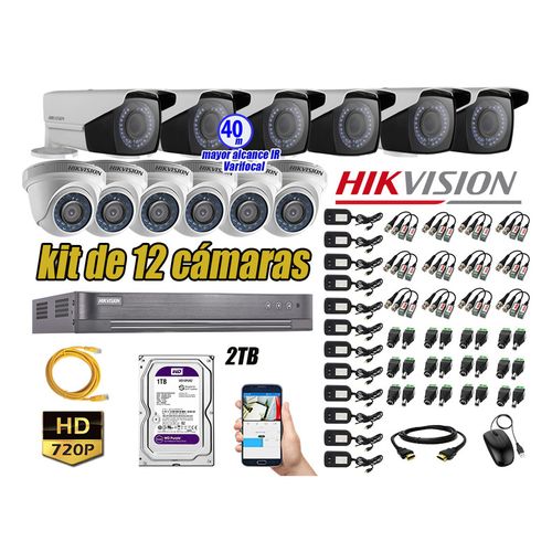 Kit 12 Cámaras de Seguridad Hikvision Hd 720P mas Disco 2Tb Mayor Alcance Varifocal P2p