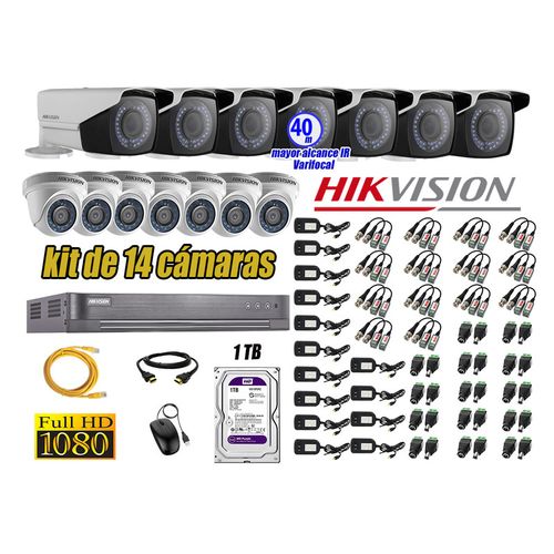 Kit 14 Cámaras de Seguridad Hikvision Full Hd 1080P mas Disco 1Tb Mayor Alcance Varifocal P2p