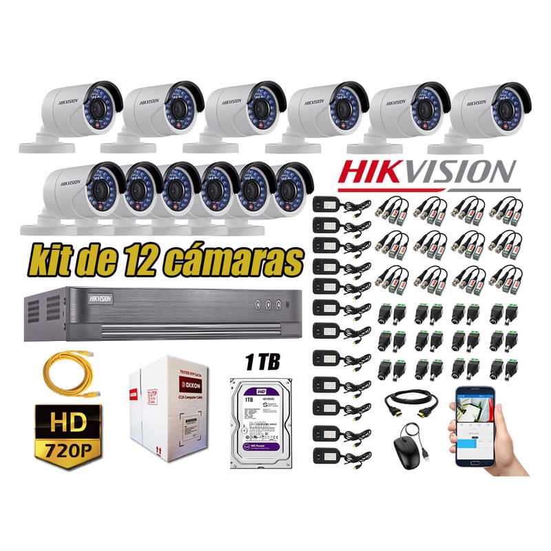Kit-12-Camaras-de-Seguridad-Exterior-Hikvision-Hd-720P-Disco-1Tb-Wd