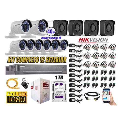 Kit 12 Cámaras de Seguridad Exterior It3F Hikvision Full Hd 1080P Disco 1Tb Wd