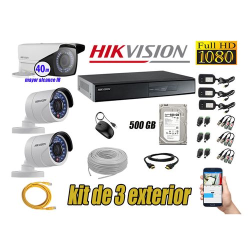 Kit 3 Cámaras de Seguridad Exterior Varifocal Hikvision Full Hd 1080P mas Disco 500Gb P2P