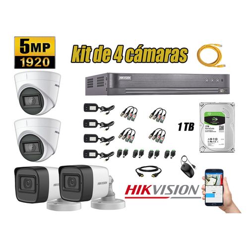 Kit 4 Cámaras de Seguridad Hikvision 5Mp mas Disco 1Tb P2P