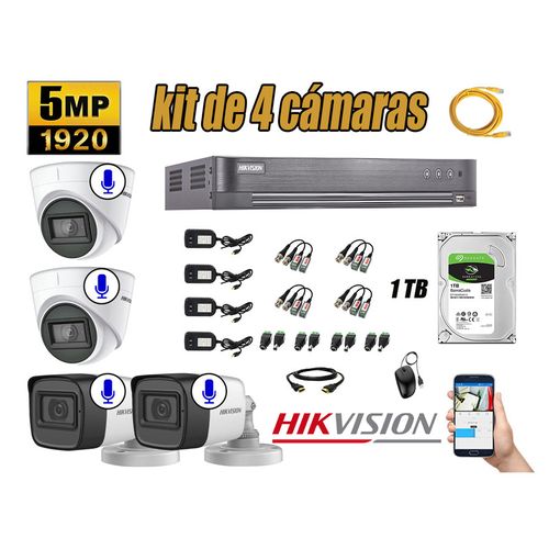 Kit 4 Cámaras de Seguridad Hikvision 5Mp Audio Incorporado Hdmi Completo