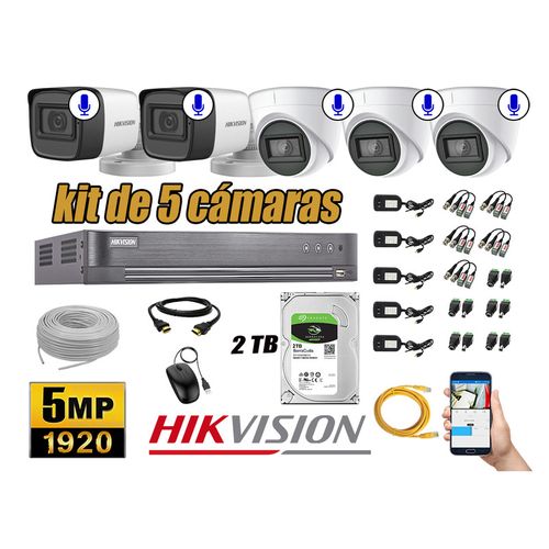 Kit 5 Cámaras de Seguridad Hikvision 5Mp P2p Audio Incorporado Completo