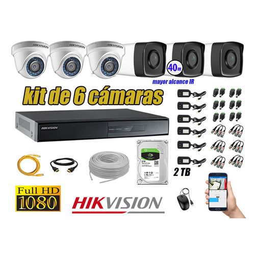Kit 6 Cámaras de Seguridad It3F Hikvision Full Hd 1080P mas Disco 2Tb Mayor Alcance