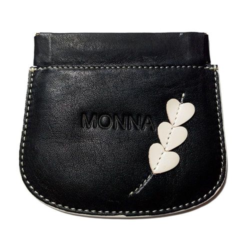 Monedero de Cuero Mujer Negro  con Corazones beige