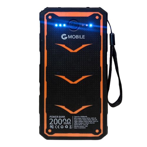 Batería externa Solar G Mobile 20000 mAh, carga rápida 22.5W + carga inalámbrica 10W, 2 puertos usb, 1 micro USB, 1 tipo-C, negro